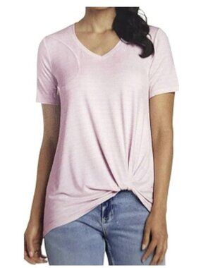 Matty M New Women's Twist Knot V Neck Stripe Top Pink And White Tee